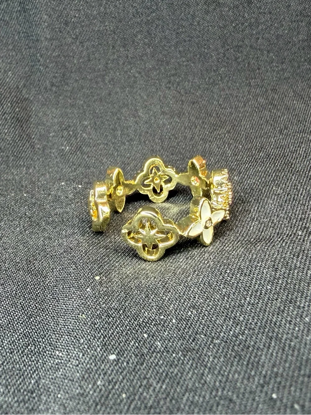 Gold Tone White Enamel Quatrefoil Clover Open Adjustable Pavé Crystal Ring